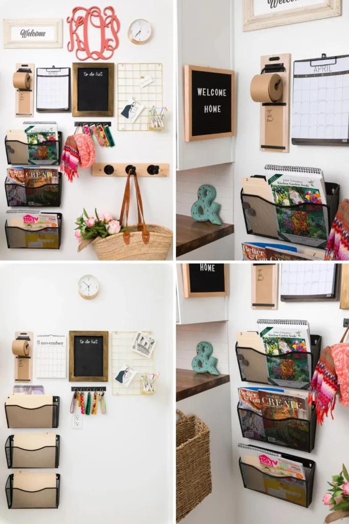 Collage of family command center ideas including filing baskets and a chalkboard.