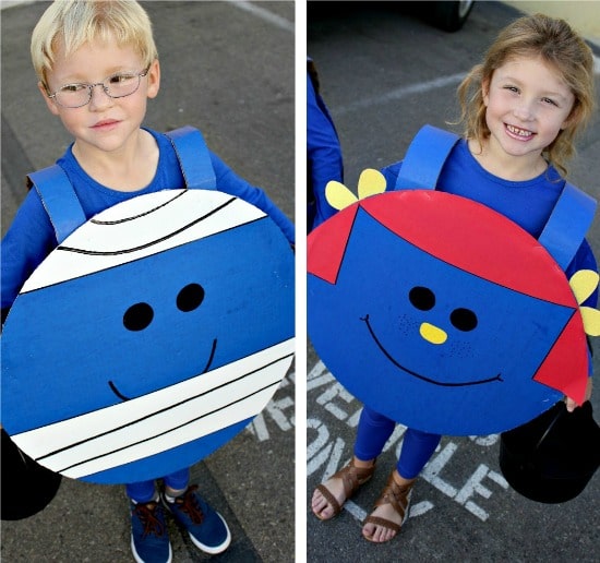 Boy and girl siblings dressed in Mr Bump and Little Miss Giggles costumes.