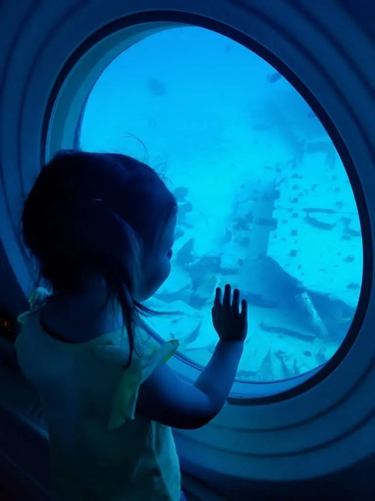 Girl looks at sea life in aquarium.