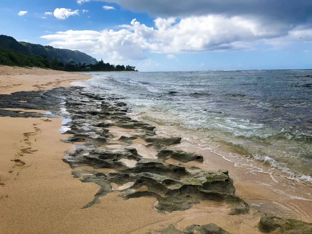 A sandy beach next to ocean in Oahu.