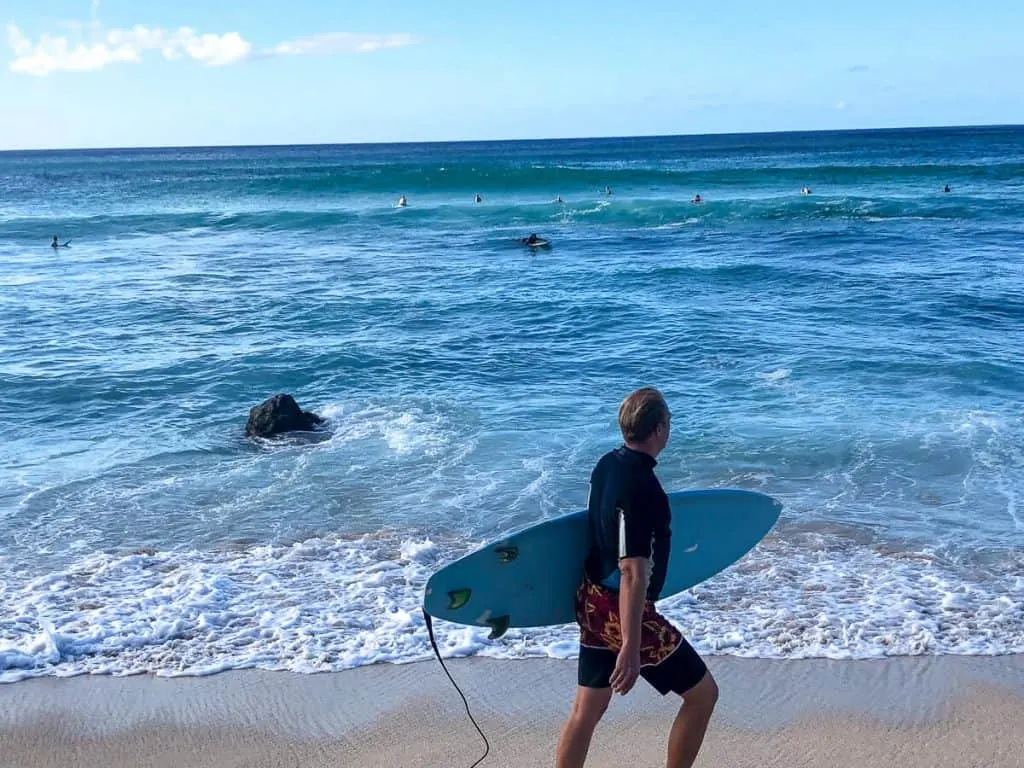 Surfers and swimmers on Hawaii beach.