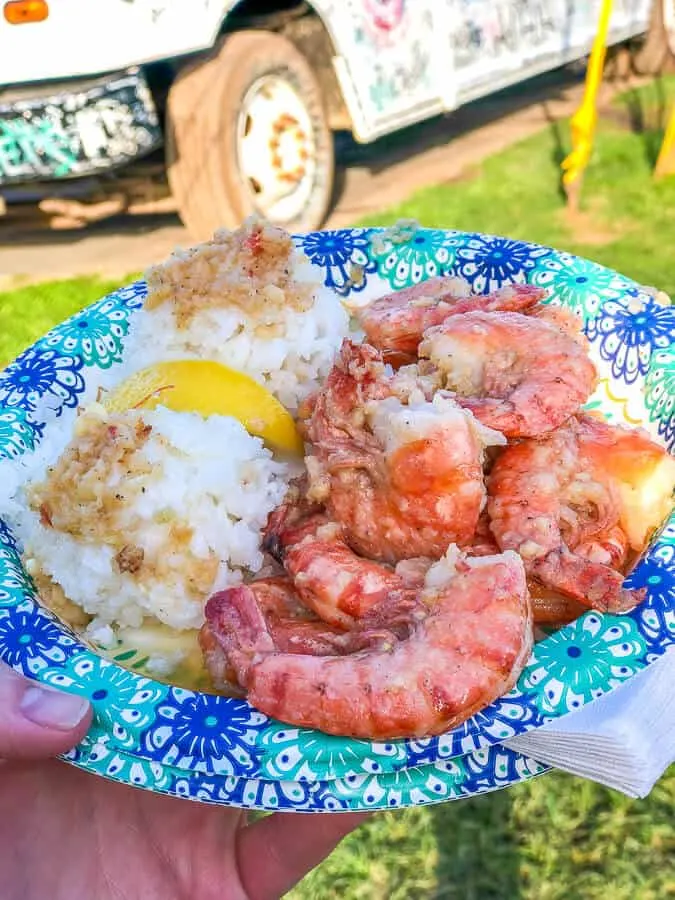 Shrimp and rice food truck food in Hawaii.