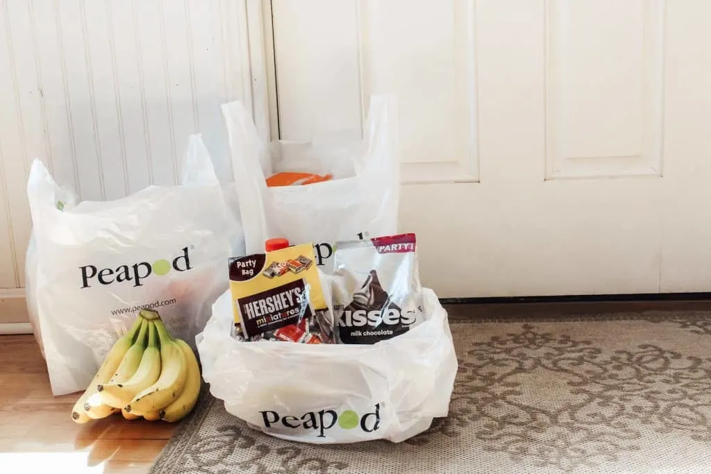 Grocery bags sit next to front door.