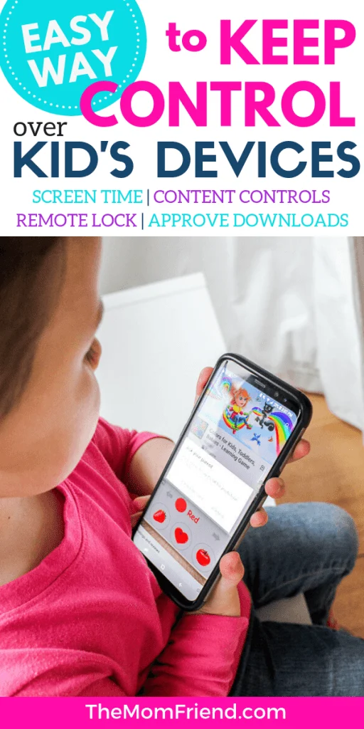 Child with device with words easy way to keep control over kids' devices