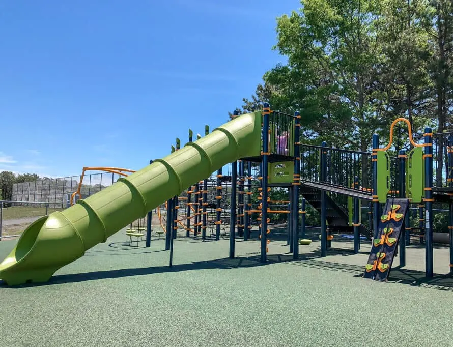 Playground jungle gym and slide.