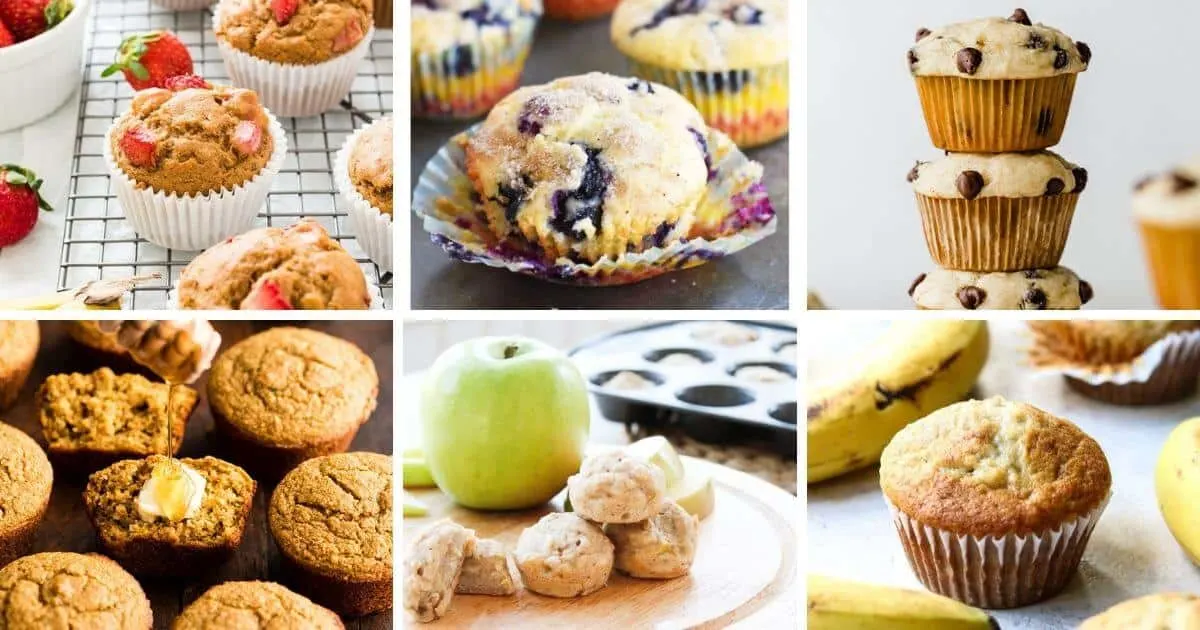 Collage of various muffin recipes after baking.