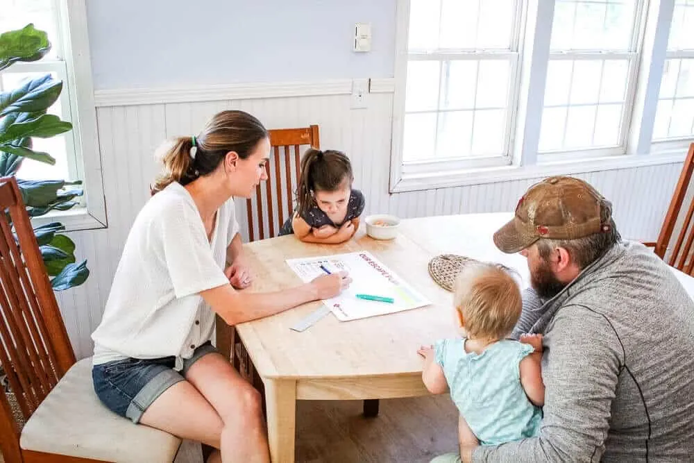 Family creating emergency escape plan while preparing for home emergencies