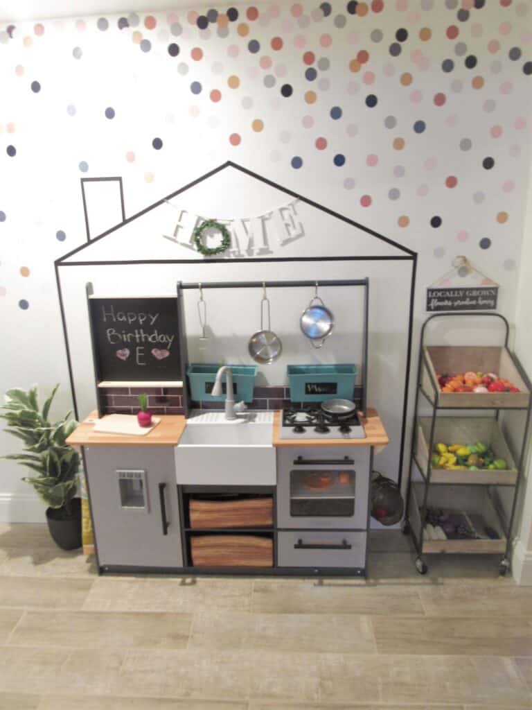 modern farmhouse play kitchen with food stand