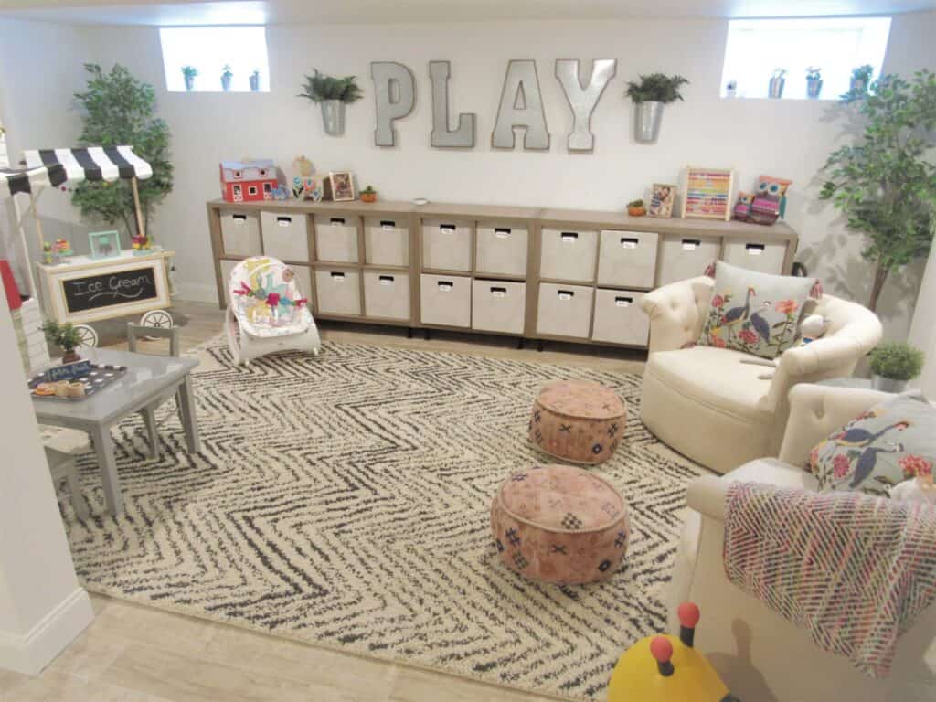 modern playroom decor and toy storage with galvanized PLAY sign