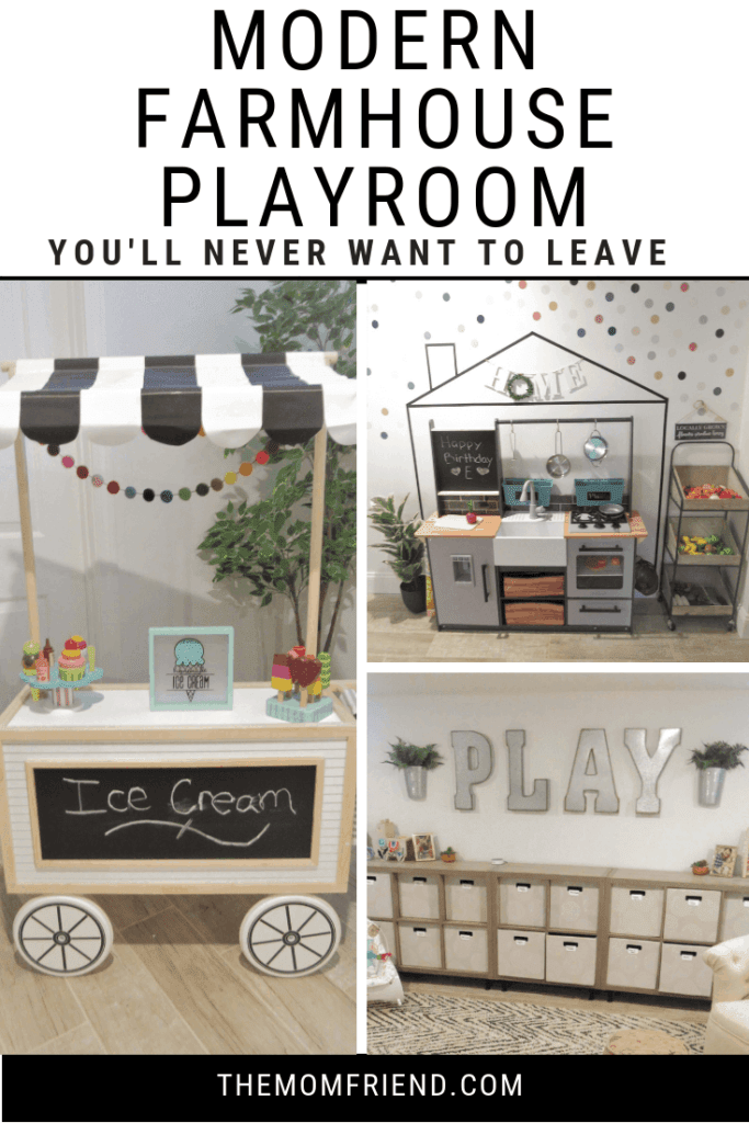 images from a modern farmhouse playroom including toys and decor