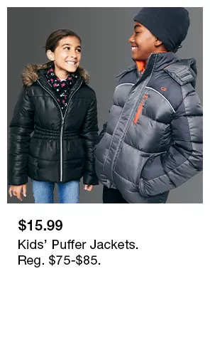 Children wear puffer jackets for Macys catalog.