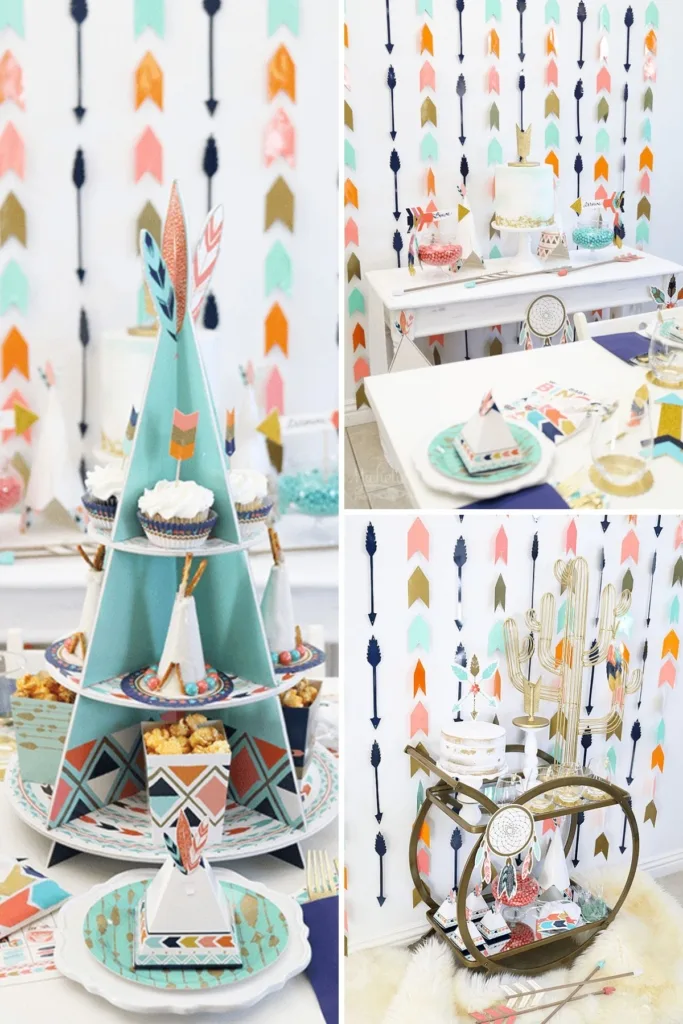 Collage of a bows or arrows gender reveal party theme with food and decor.