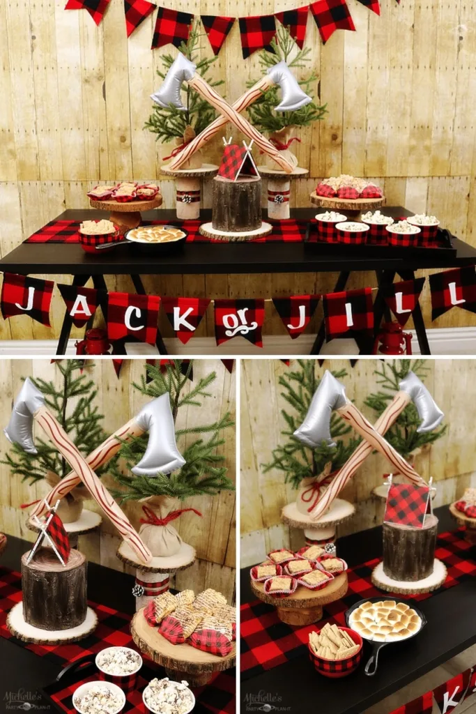 Collage of a lumberjack or gender gender reveal party with food and decor.