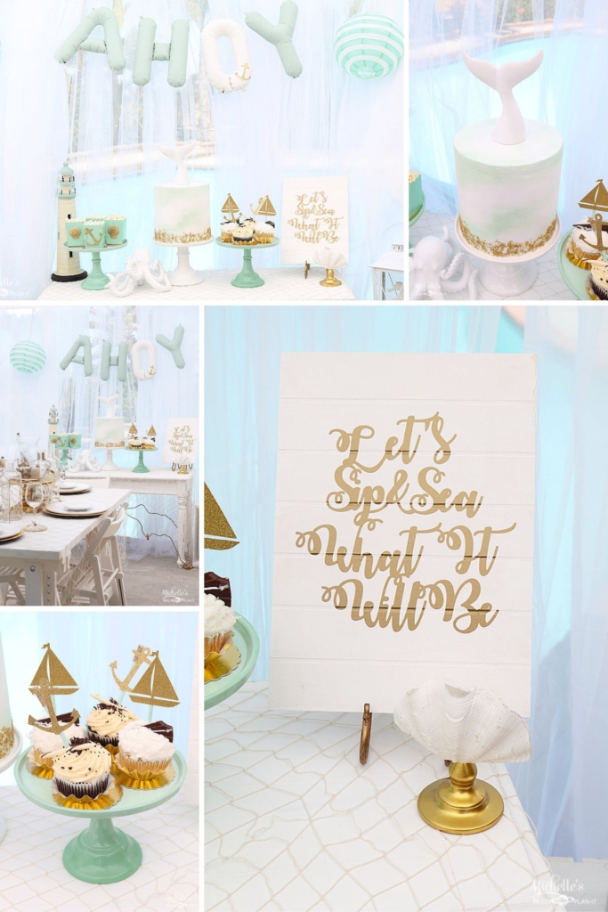 Collage of a sip and sea gender reveal party with food and decor.