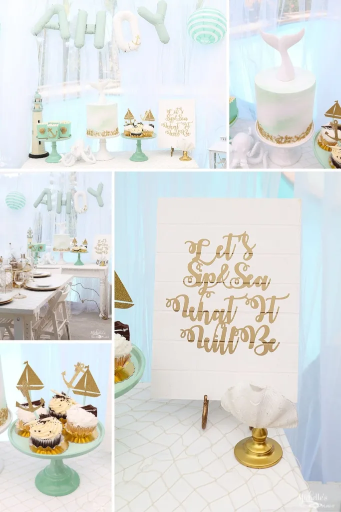 Collage of a sip and sea gender reveal party with food and decor.