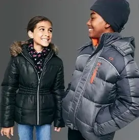 Children wearing puffer jackets from Macys.