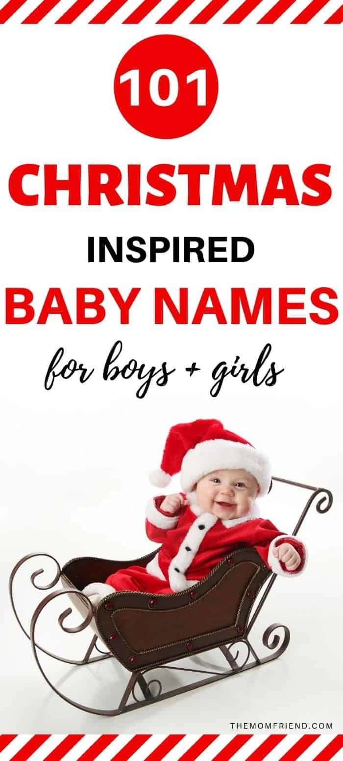 Christmas Baby in Sled with words 101 christmas inspired baby names for boys + girls