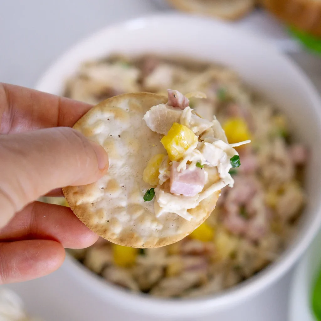 Ham and pineapple chicken salad on a cracker lifted from a bowl of the salad.