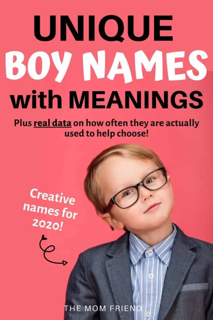 image of young boy with glasses with text unique boy names with meanings creative names for 2020