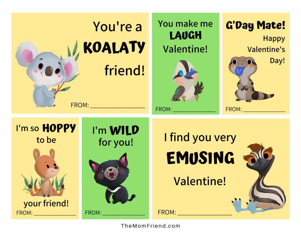 cute printable valentines for kids with aussie animals and fun sayings