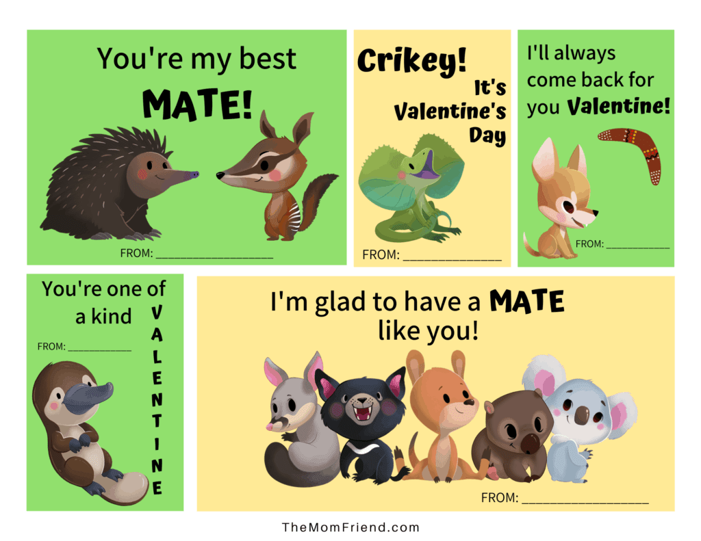 set of printable valentines with Aussie animals and fun sayings for kids