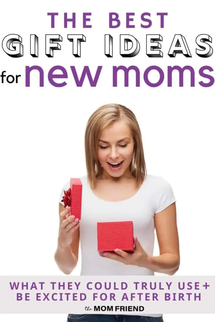 woman opening gift with smile and text the best gift ideas for new moms