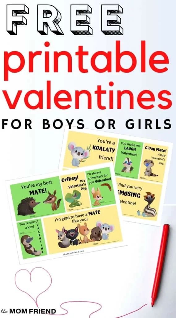 image of free printable valentines for kids that have Australian animals on them