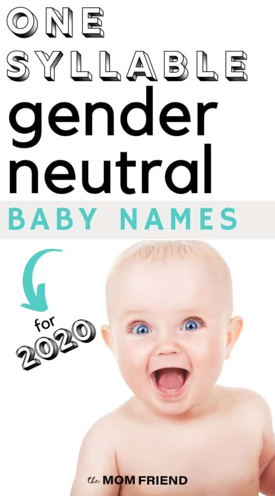 Happy baby with wide open eyes and text that reads One Syllable gender neutral baby names for 2020