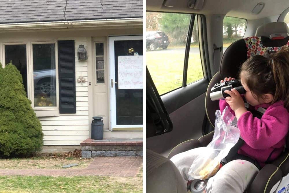 Child uses binoculars to search for bears during neighborhood bear hunt. 