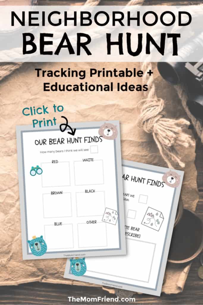 image of two printable bear hunt activities with text neighborhood bear hunt tracking printable and educational ideas
