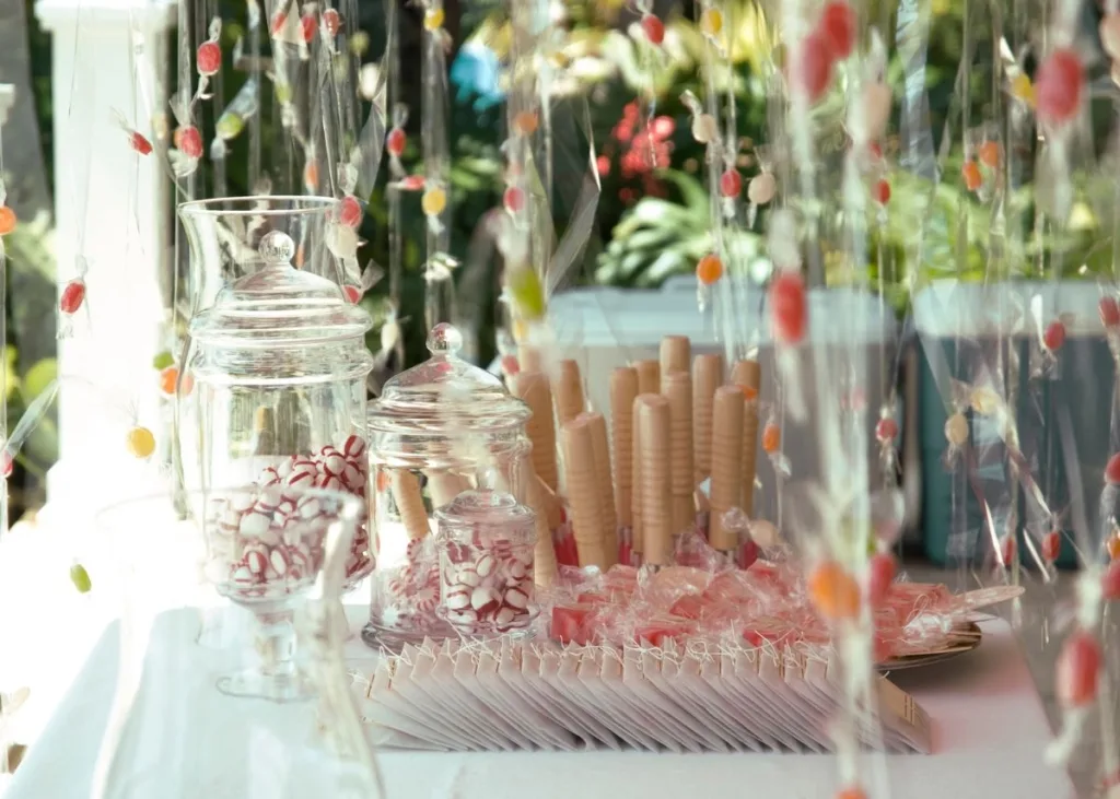 A party table decorated for a spring baby shower.