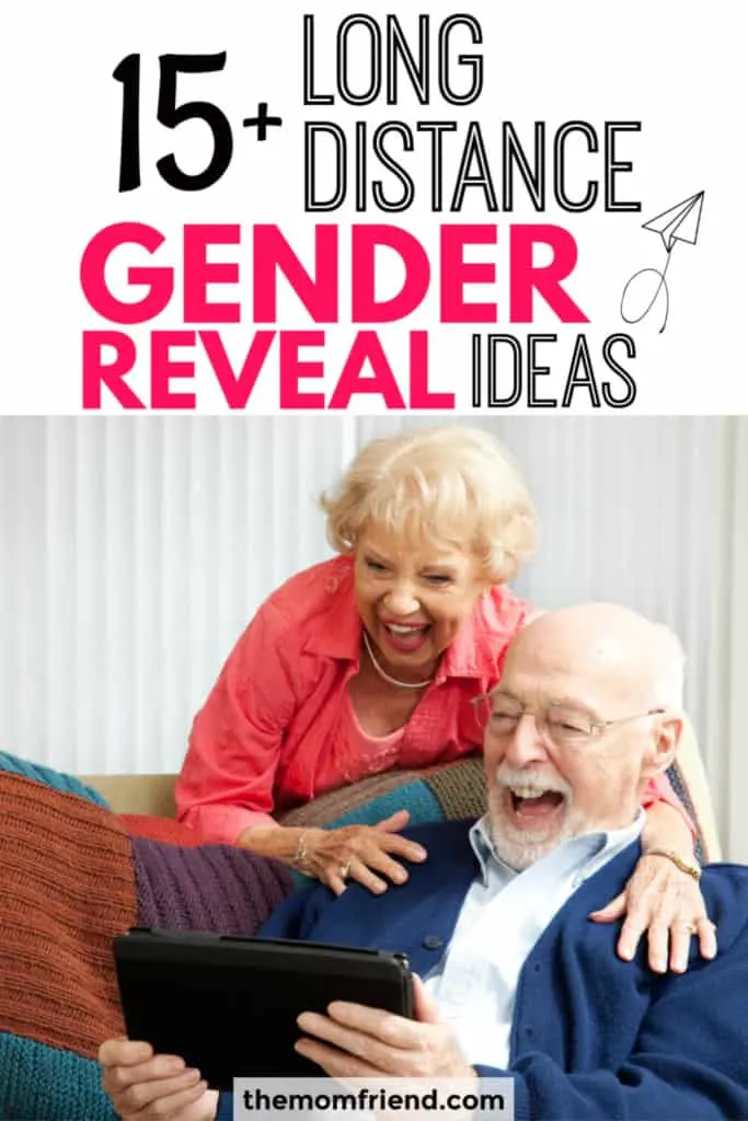 Excited grandparents using a tablet with text "15 long distance gender reveal ideas."