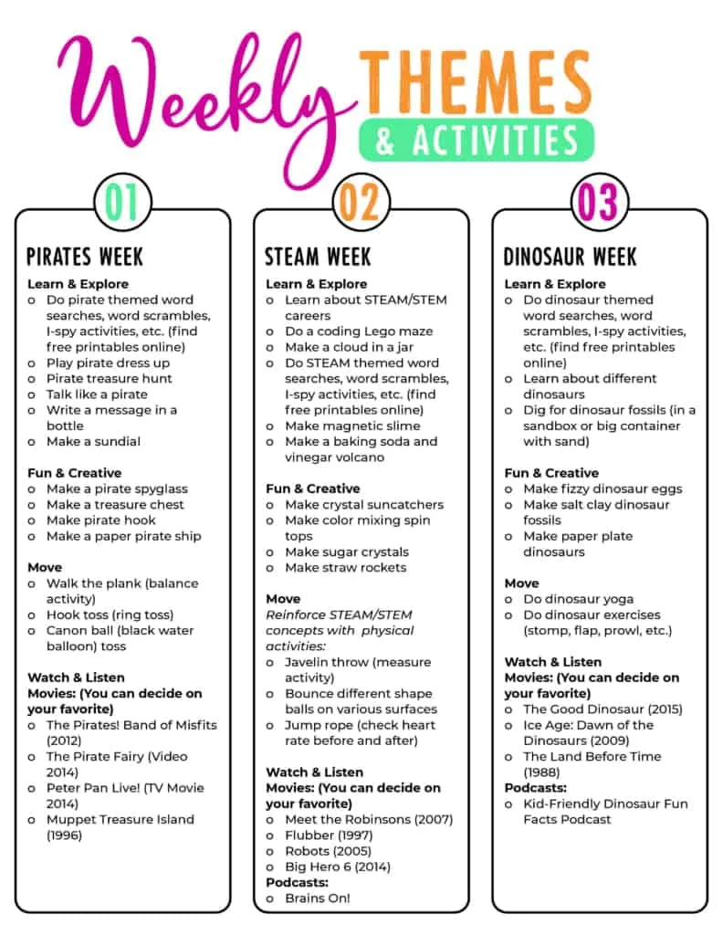 weekly theme and activity ideas for summer camp at home