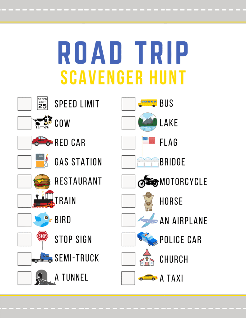 Printable for road trip scavenger hunt.