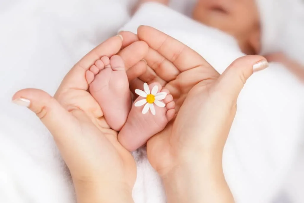 Mother holds baby's feet with flower.