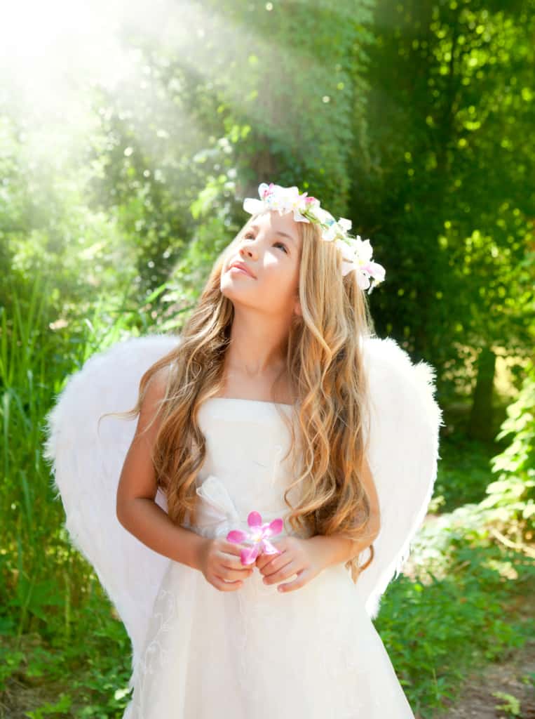 Girl in angel wings Halloween kids costume.