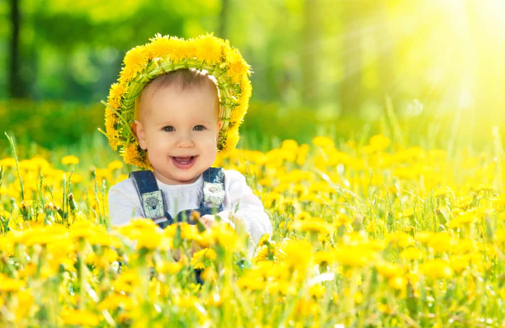 Baby wears fairy crown made of flowers, surrounded by yellow blooms.