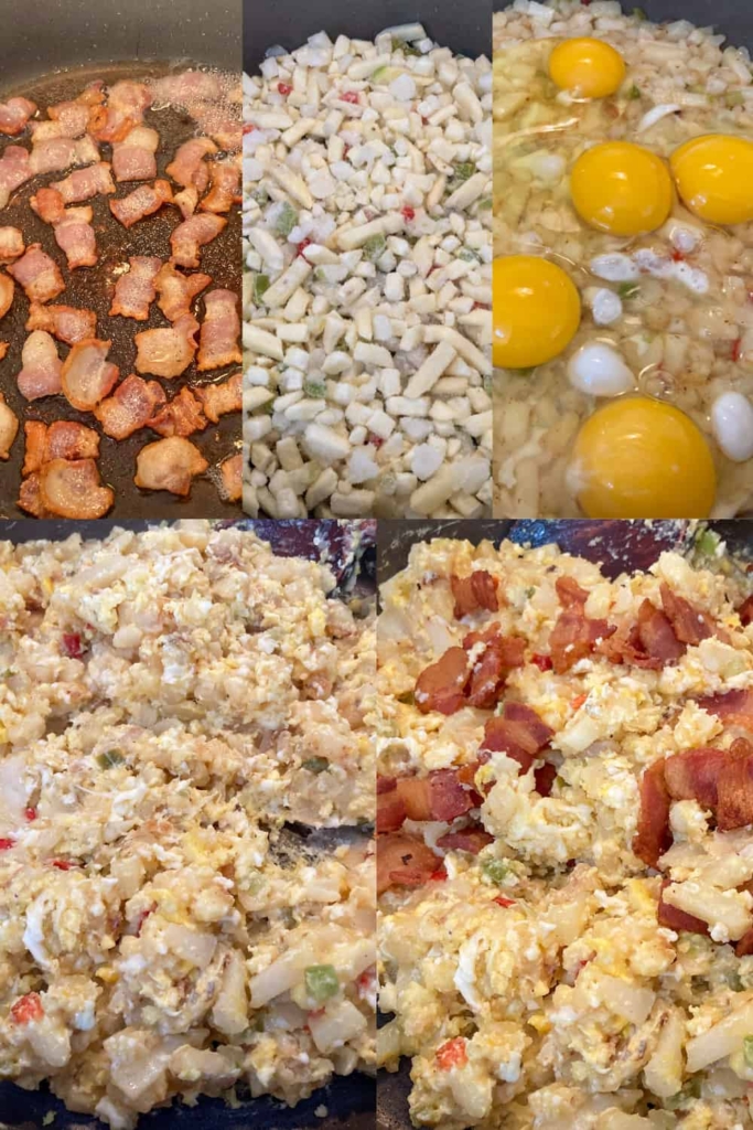 Collage showing how to make a campfire breakfast skillet meal.