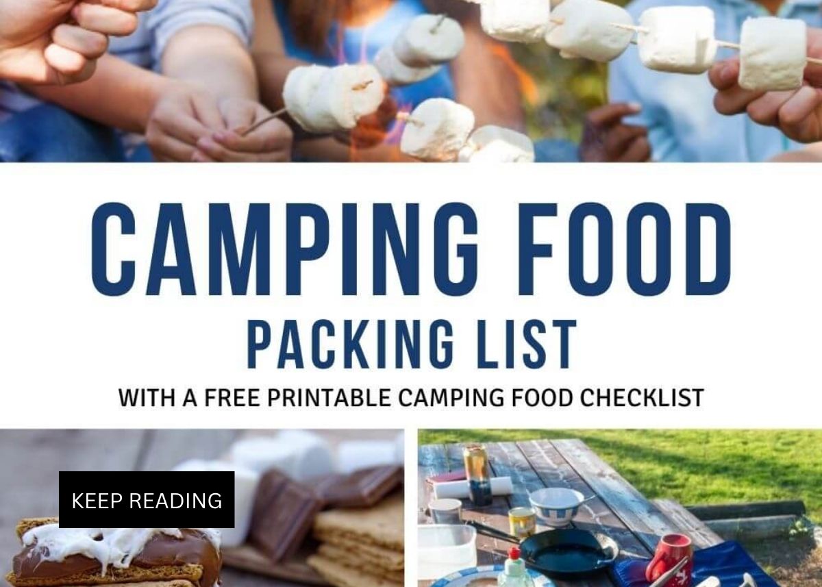 Image graphic with text that reads "Camping Food Packing List" and a collage of camping food ideas.
