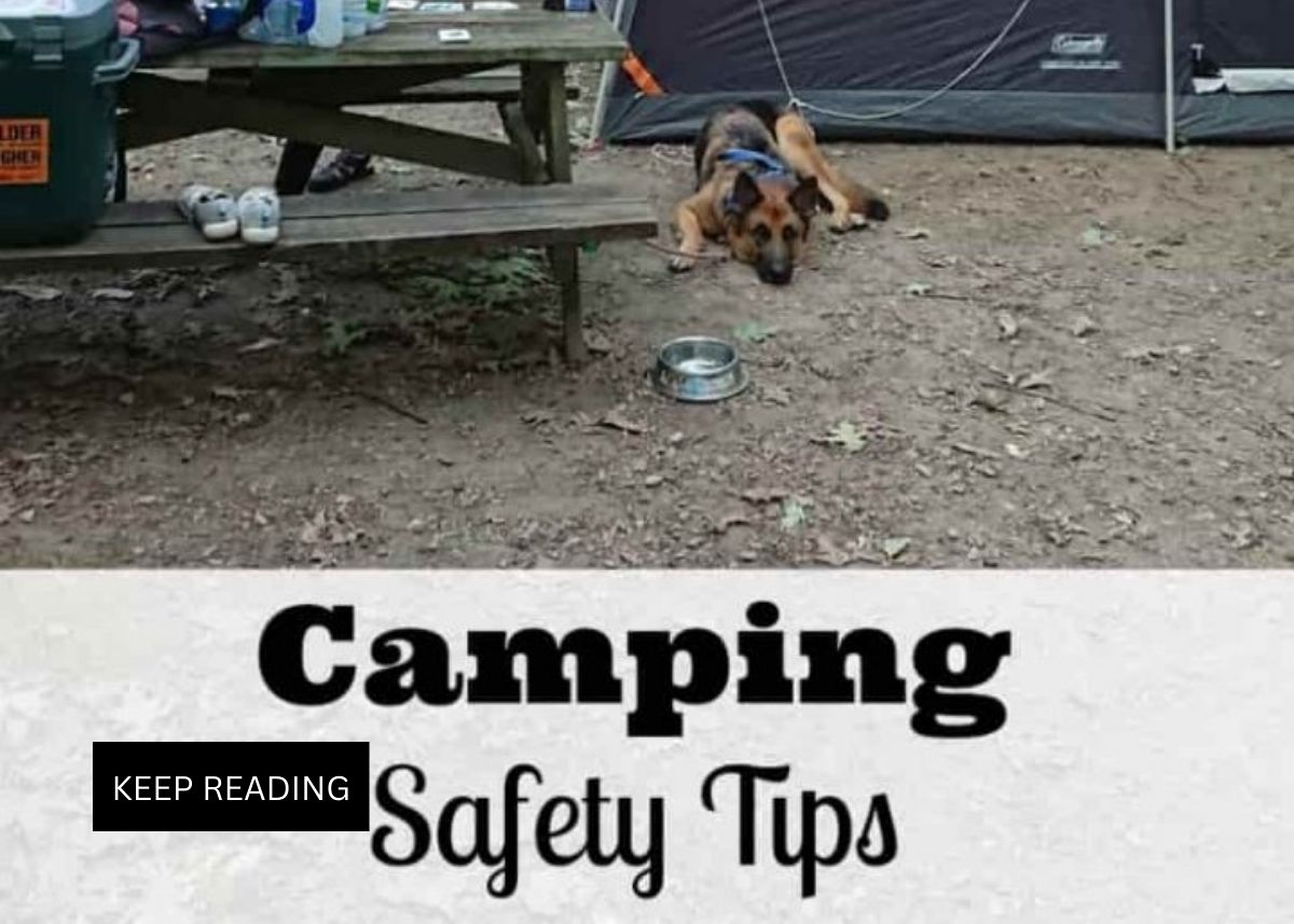 Image graphic with text that reads "Camping Safety Tips" and a campsite in the background.