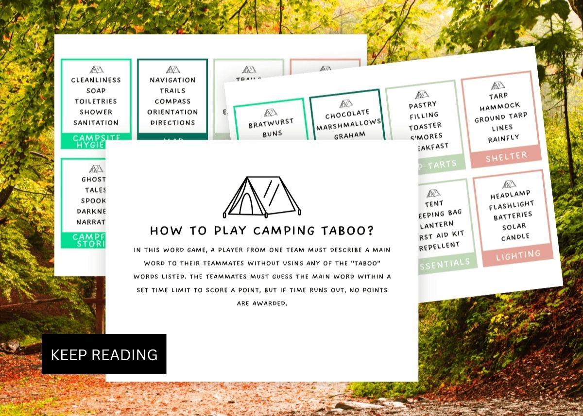 Collage of camping taboo printables with a nature scene in the background.