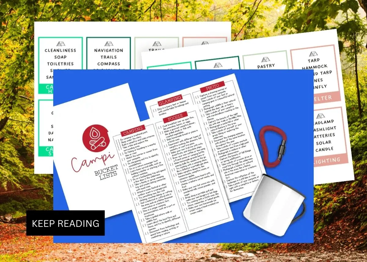 Camping bucket list printables graphic with a nature scene in the background.