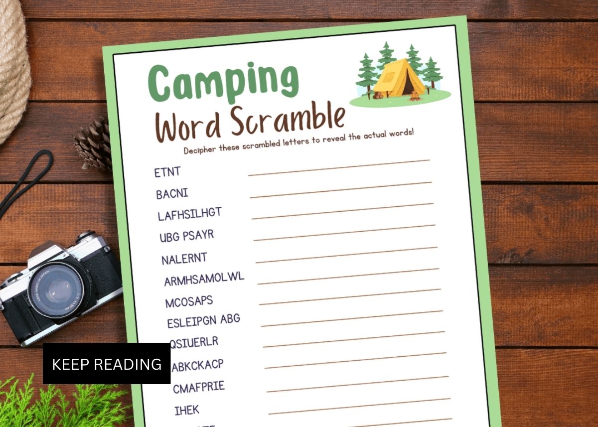 Camping word scramble printable on a wooden background.