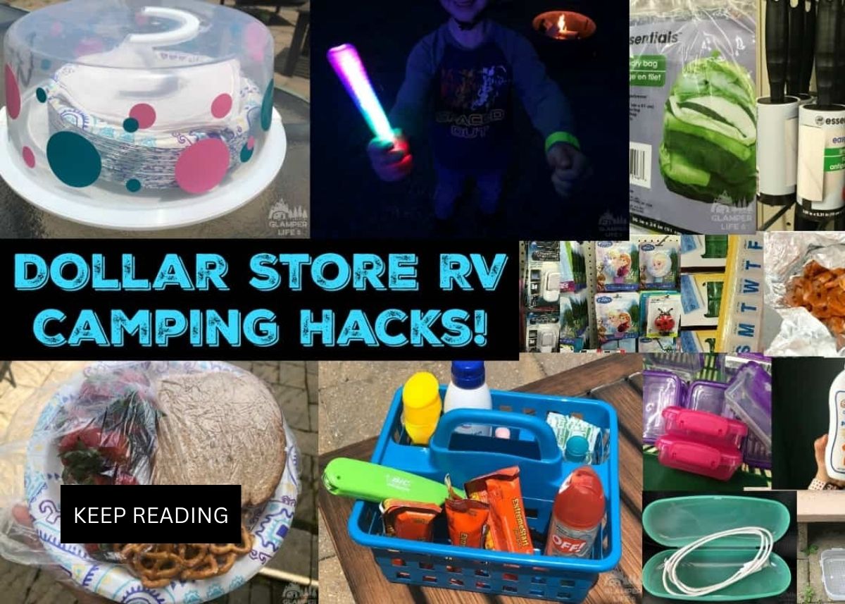 Image graphic with text that reads "Dollar Store RV Camping Hacks" and a collage of camping tips.