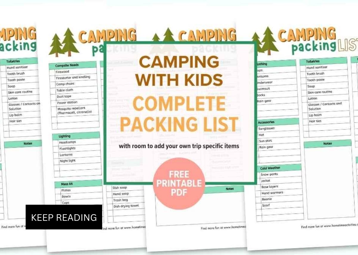 Image graphic with text that reads "Camping with Kids: Complete Packing List" and a collage of printables in the background.
