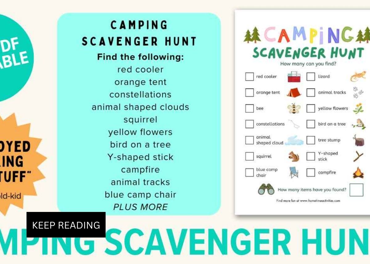 Image graphic for a camping scavenger hunt with a free printable.