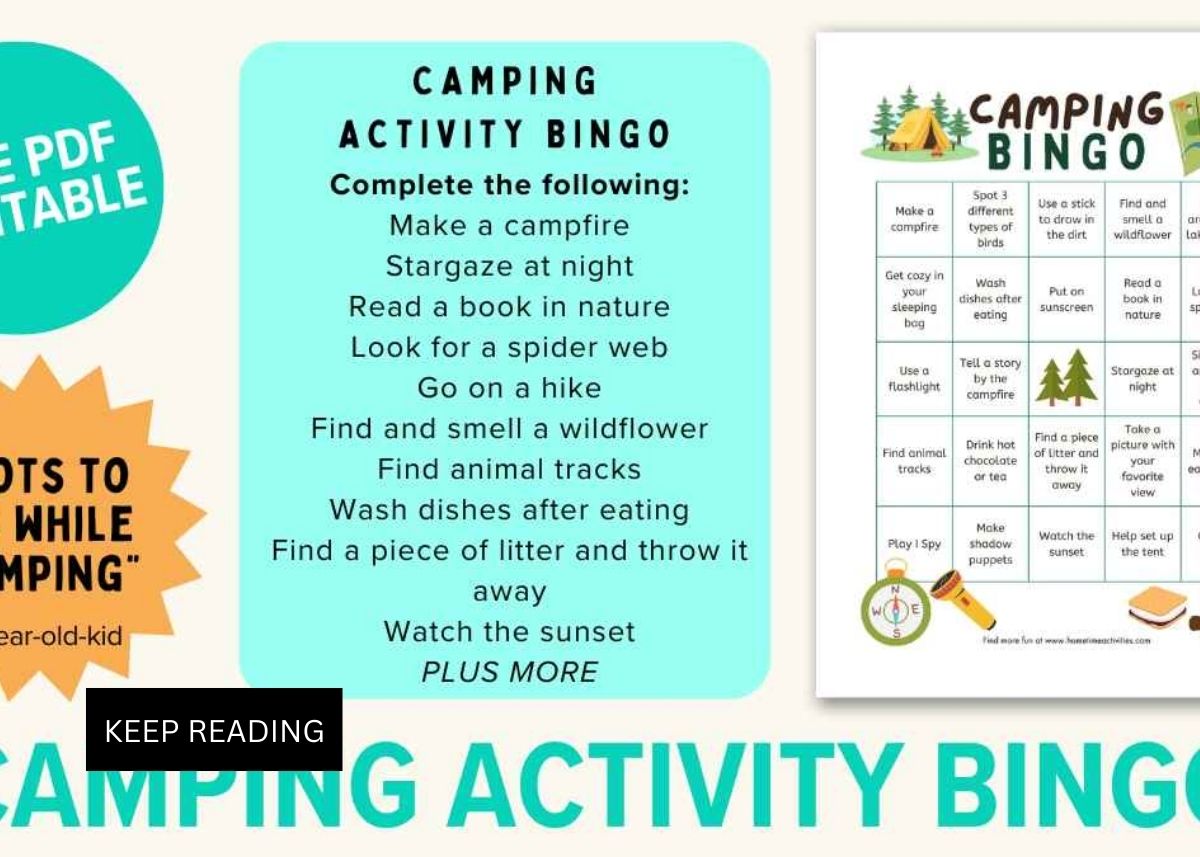 Image graphic for camping activity bingo with a free printable.