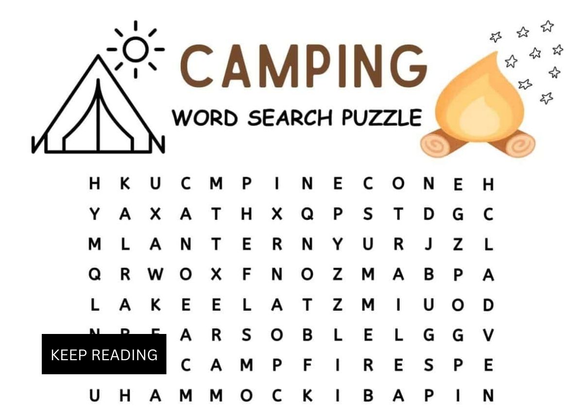 Free printable camping word search puzzle image graphic.