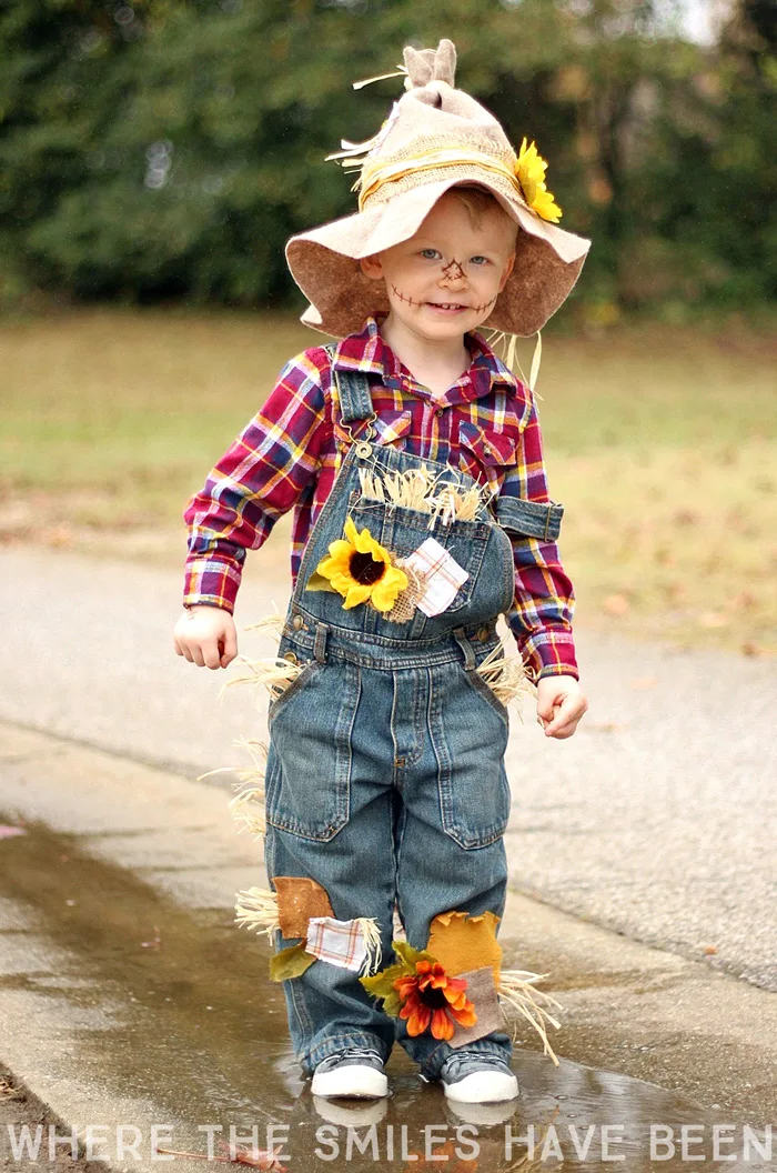 A young boy dressed in a scarecrow costume with a straw hat and overalls.