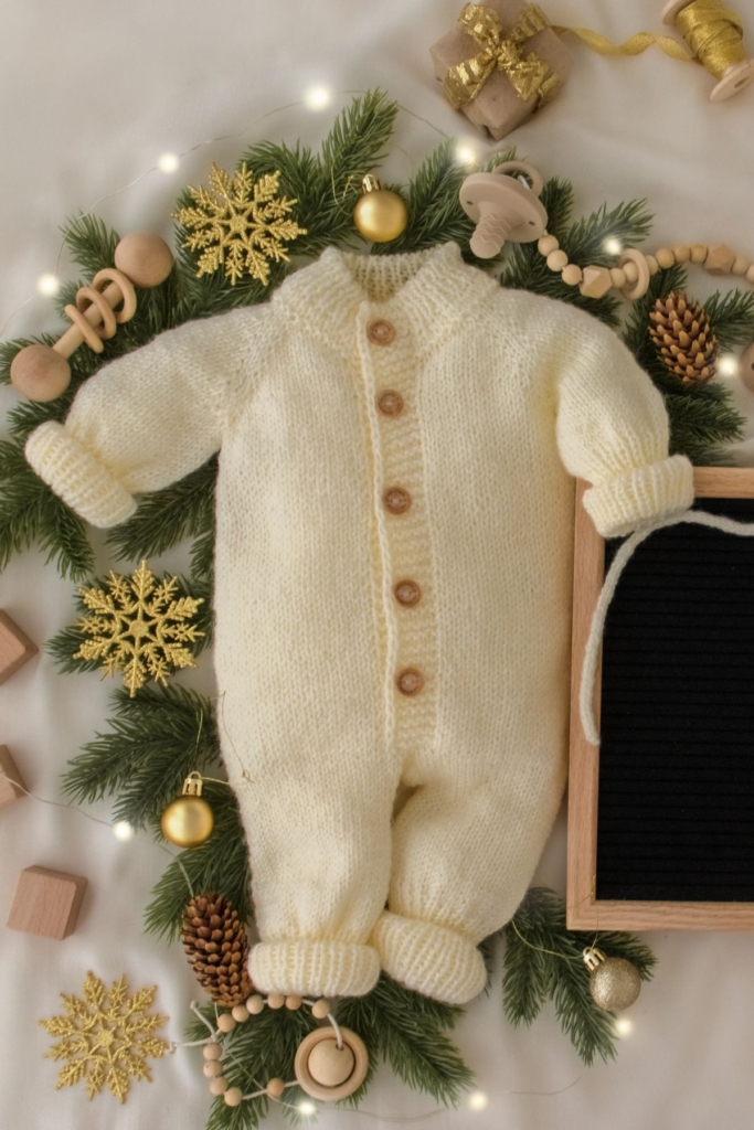 A baby outfit surrounded by Christmas items.